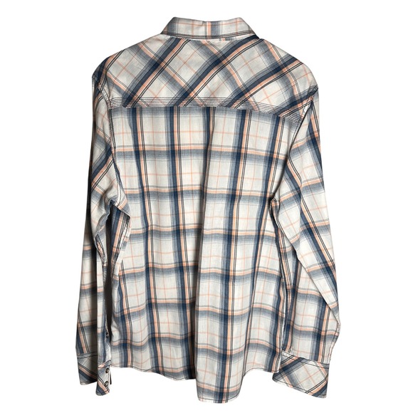 BKE Athletic Fit Mens L Plaid Pearl Snap Long Sleeve Blue Orange Buckle White - Picture 3 of 8
